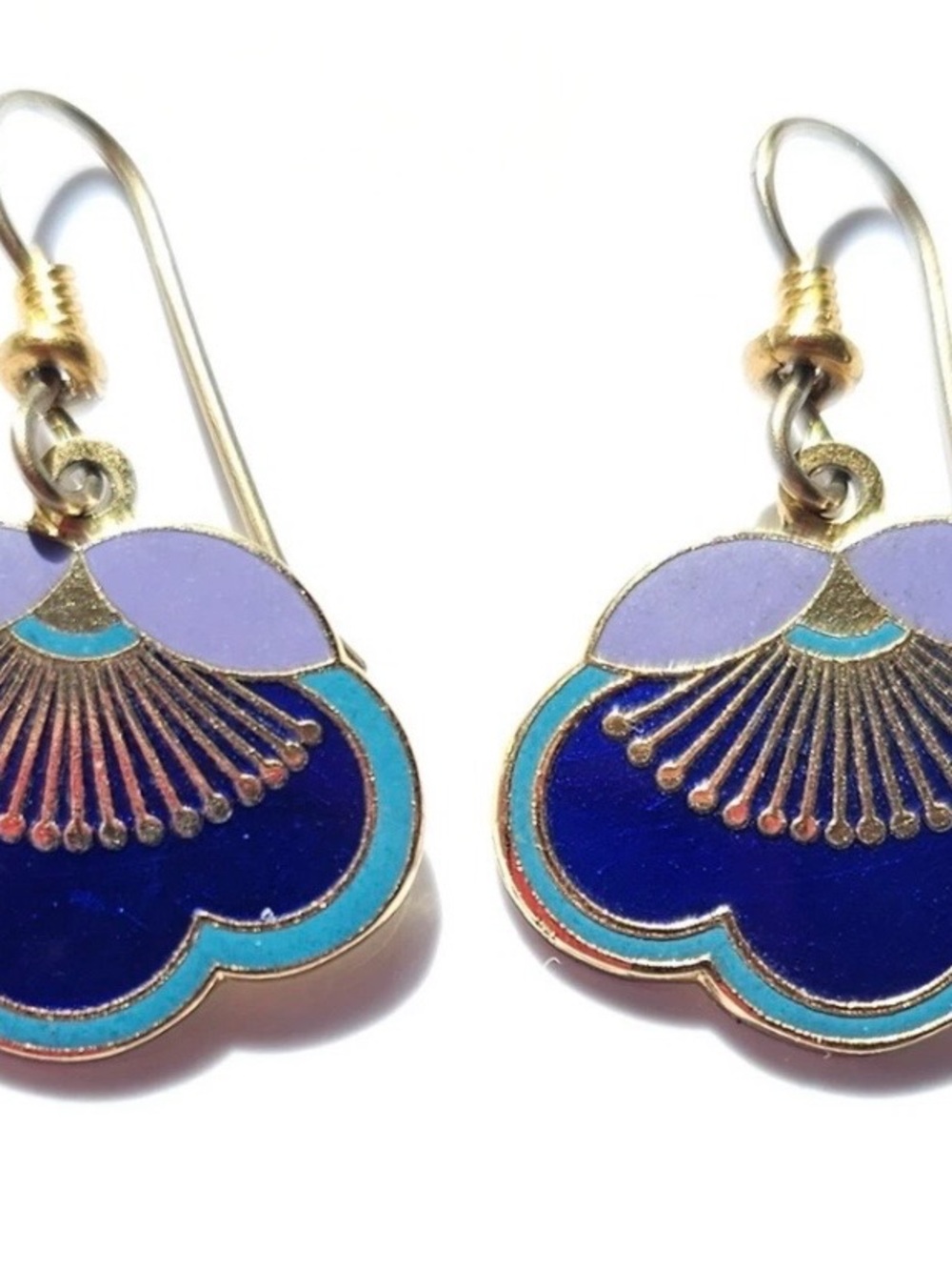 Gold-Tone Blue & Lavender Enamel Fan Drop Earrings - Picture 5 of 5